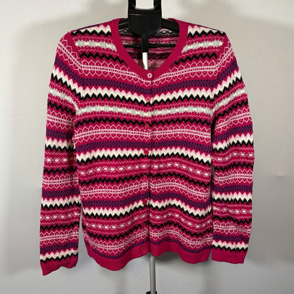 Talbots Petite XLP Pink Lambswool Blend Fair Isle Cardigan Cottage Ski Chic Prep